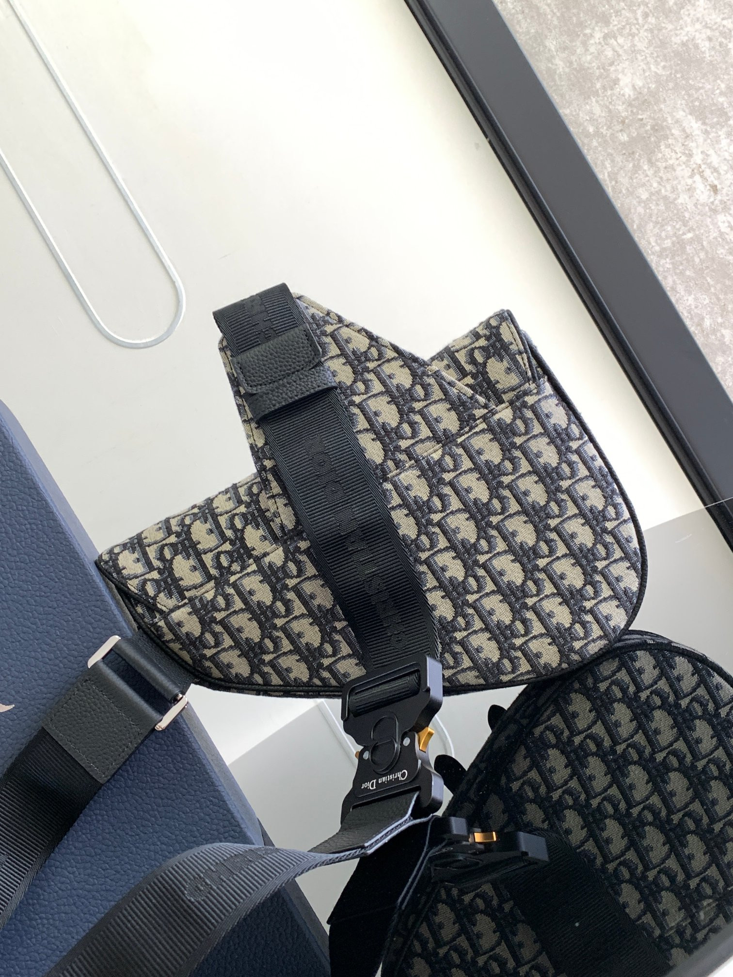 D*or saddle bag beige and black D*or oblique jacquard 26 x 19 x 4.5 cm