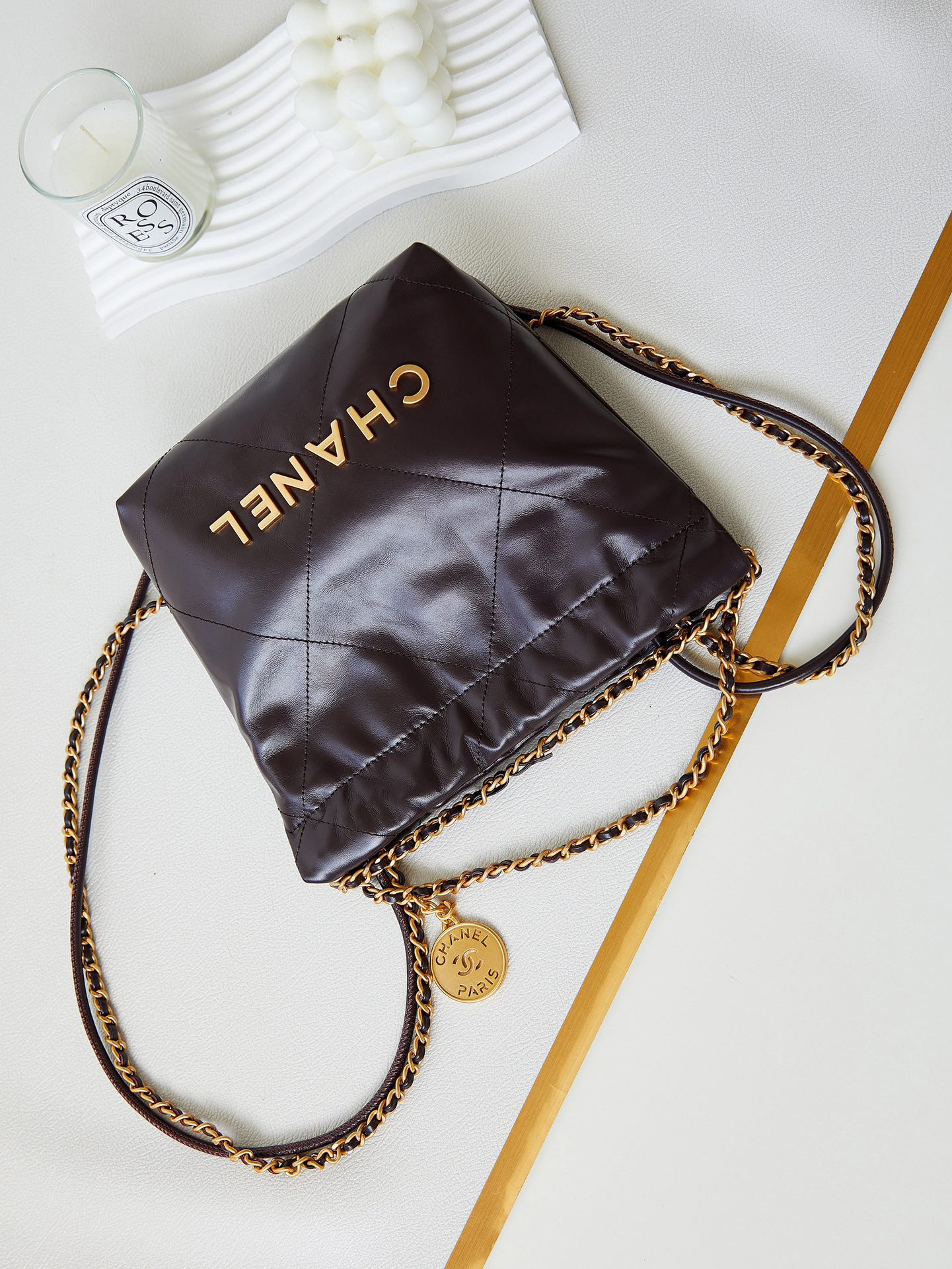 Ch*el 22 mini handbag shiny calfskin 7.8 × 7.4 × 2.3 in