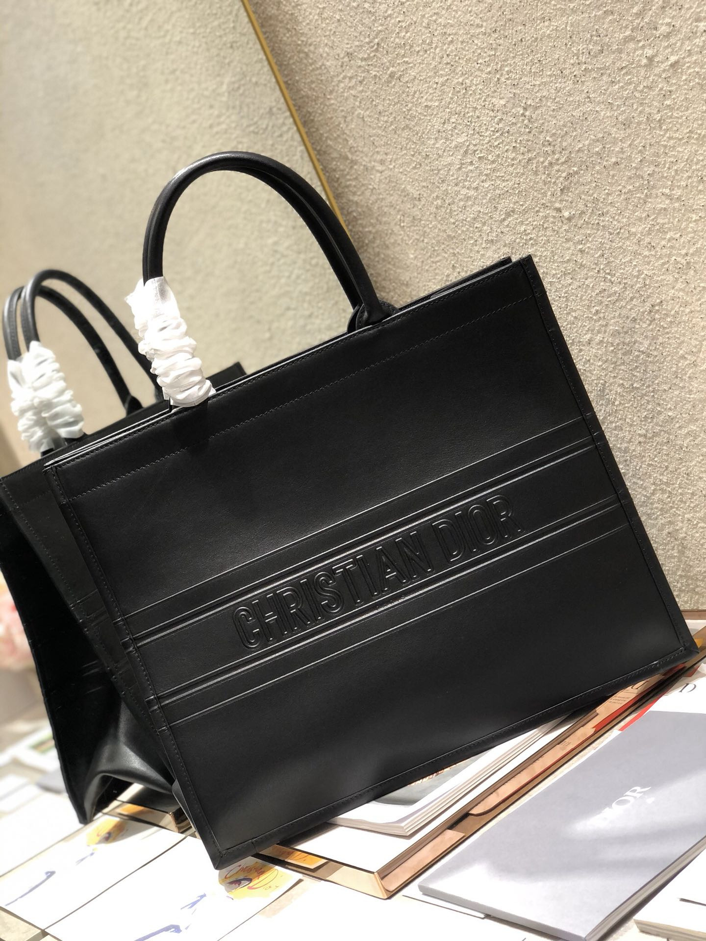 large D*or book tote black D*or oblique embossed calfskin 16.5 x 14 x 7.5 inches