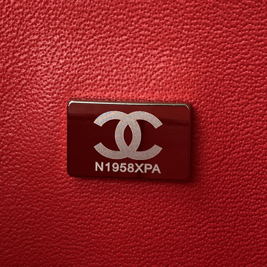 Ch*el small classic handbag lambskin & silver-tone metal red 5.7 × 9 × 2.3 in