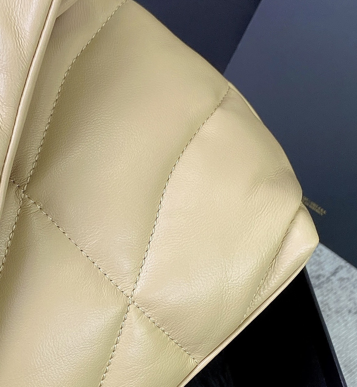 Y*L puffer small in nappa leather beige silver 11.4 x 6.6 x 4.3 inches