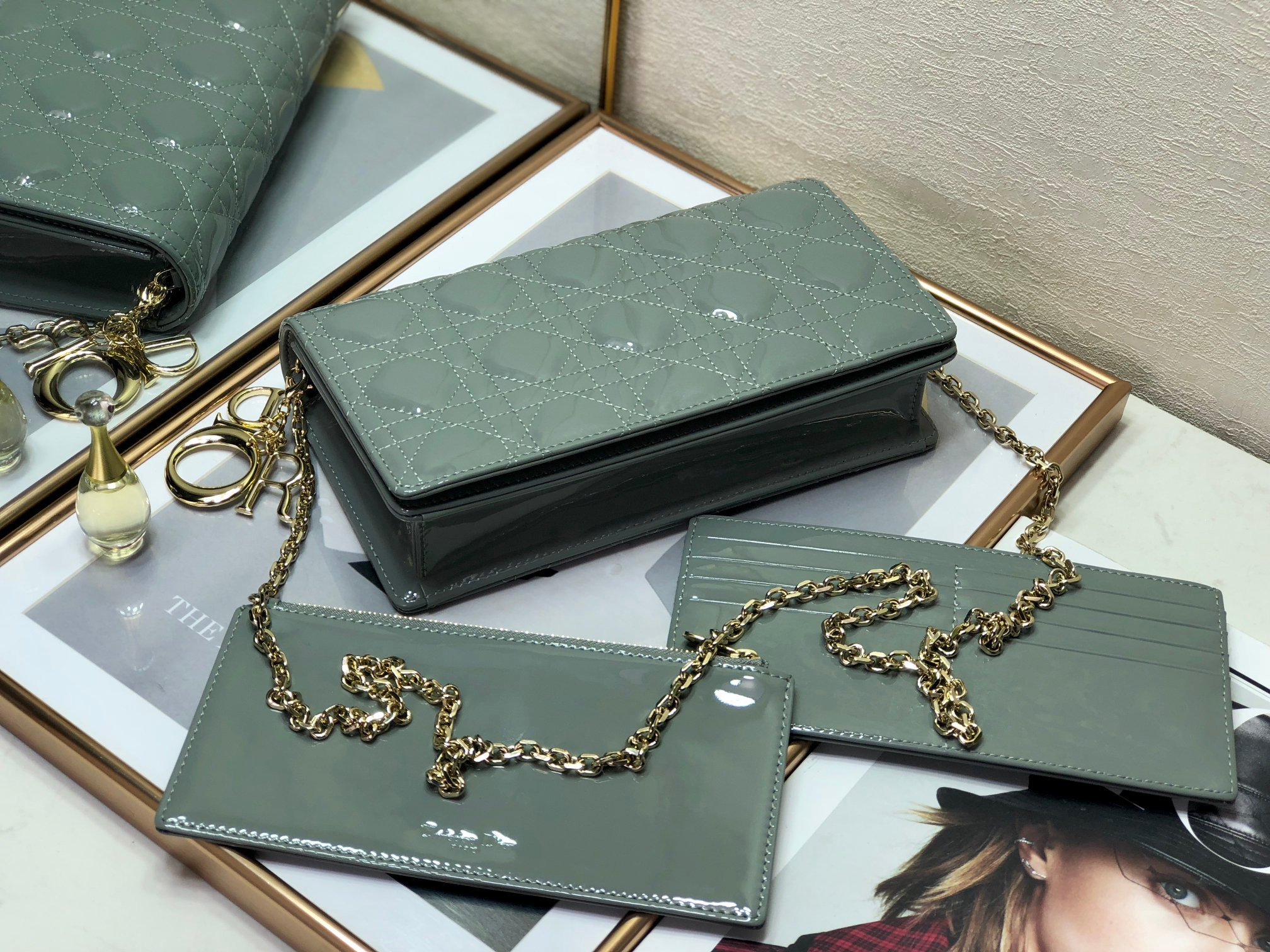 lady D*or pouch  cloud blue cannage 8.5 x 4.5 x 1 inches