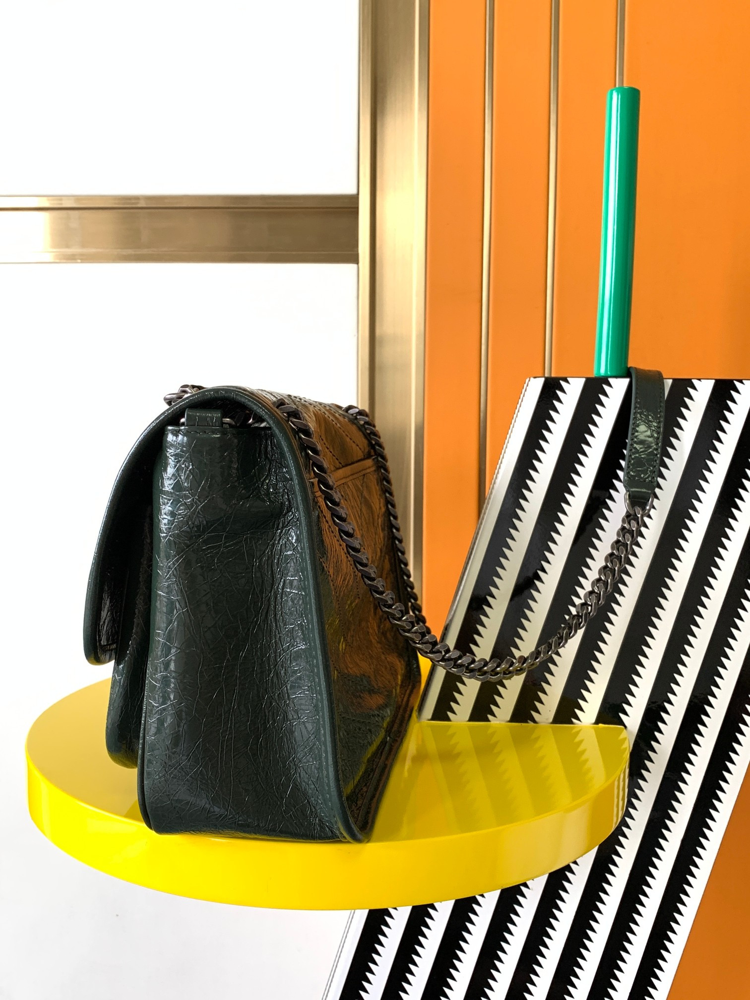 Y*L niki medium in vintage leather dark green 11 x 7.8 x 3.3 inches