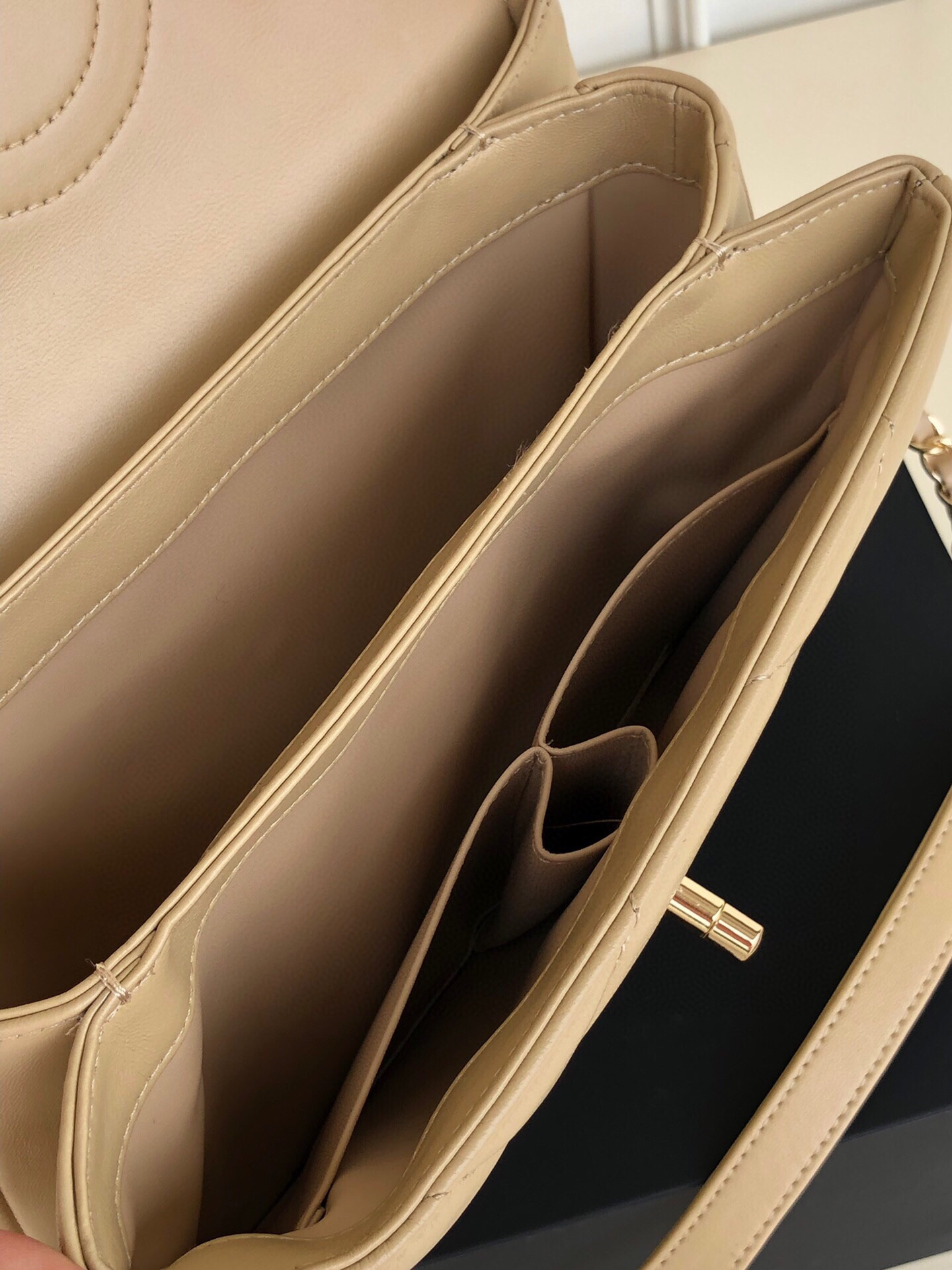 Ch*el flap bag with top handle 6.6 × 9.8 × 4.7 in