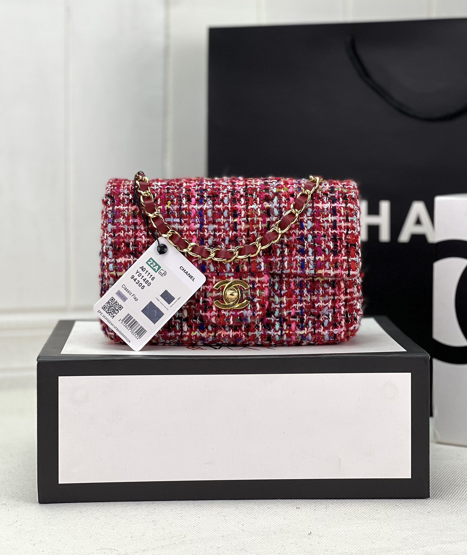 Ch*el mini classic 11.12 handbag tweed & gold-tone metal 4.7 × 7.8 × 2.3 in